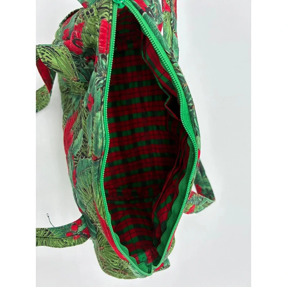 Handmade Quilted Christmas Cardinal Handbag Green Red Holiday Barrel Bag